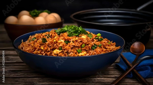 Fototapeta A Colorful Bowl of Rice with Additional Culinary Ingredients