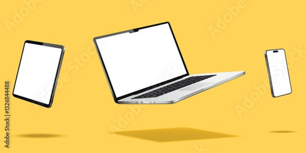 Fototapeta Levitation laptop computer, tablet and cellphone mockup