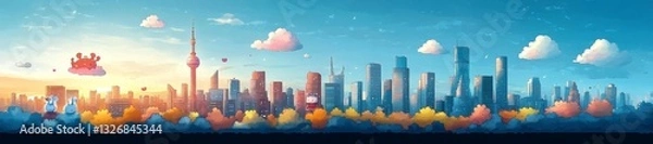 Fototapeta Kawaii Skyline with Cute Animals and Bright Clouds Floating in the Sky. Generative AI