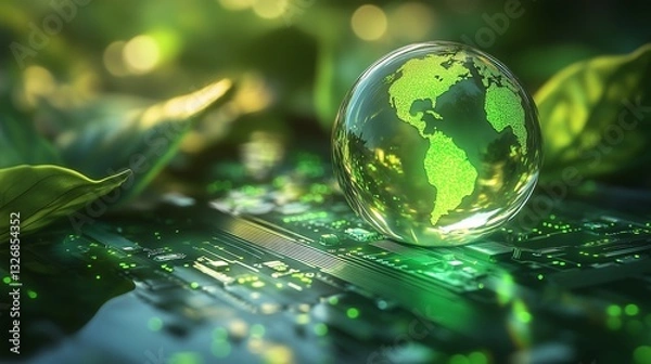 Fototapeta Digital green earth on circuit board representing environmental technology