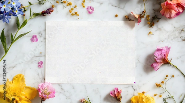 Fototapeta Blank Card with Colorful Flowers on Marble Background