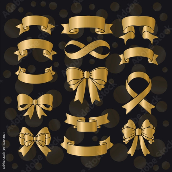 Fototapeta Collection of elegant golden ribbons and bows for various occasions