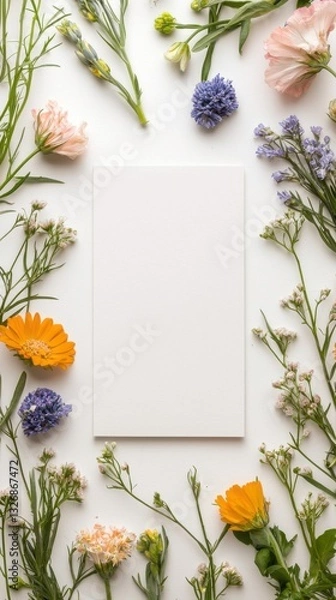 Fototapeta Blank Card Surrounded by Colorful Flowers in Top View Arrangement