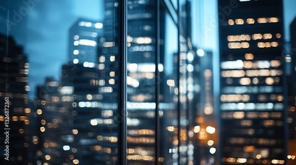 Fototapeta Stunning Nighttime Cityscape Reflection in High Rise Glass Building Surrounded by Bright City Lights : Generative AI