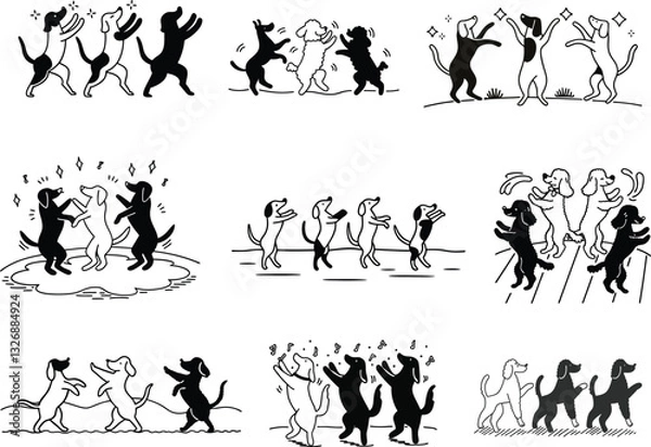 Fototapeta A premium set of dog dancing with enjoying vector silhouettes 