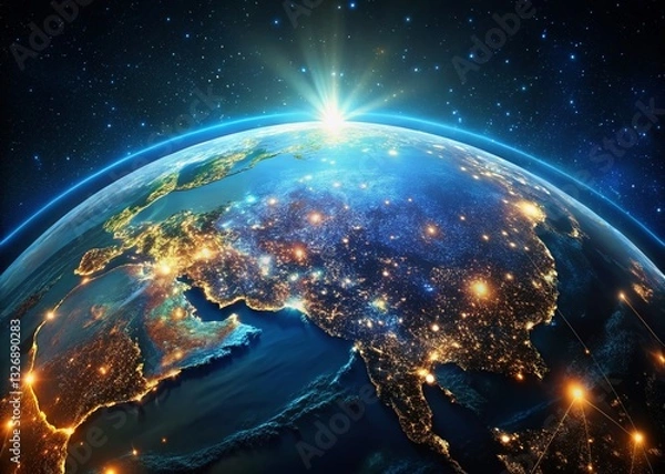 Fototapeta Flat Earth Night Photography: Illuminated Globe at Night