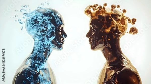 Fototapeta Two humanoid figures: one clear and filled with water, the other dark and brimming with coffee. symbolizes duality and contrast calm vs. energy, clarity vs. intensity, or nature vs. stimulation. I
