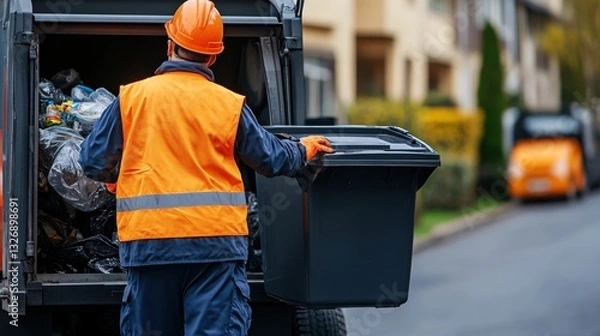 Fototapeta A garbage collector emptying a plastic waste bin into a truck in a residential area, showcasing community cleanliness and waste management efforts