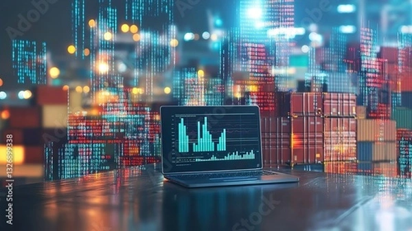 Obraz Import tariffs increase concept with digital graphics and laptop.