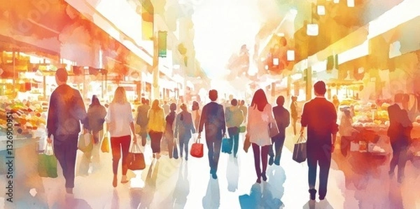 Obraz A watercolor painting depicts a bustling marketplace with many shoppers