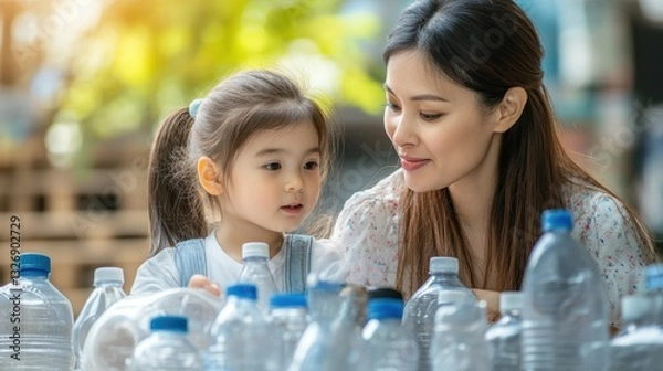 Fototapeta A mother teaches her child about the importance of reusing plastic products, demonstrating a caring and educational moment amidst plastic bottles