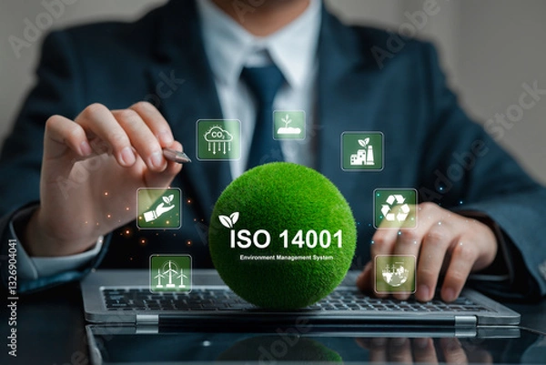 Obraz ISO 14001 Environment Management System Concept with Green Sphere
