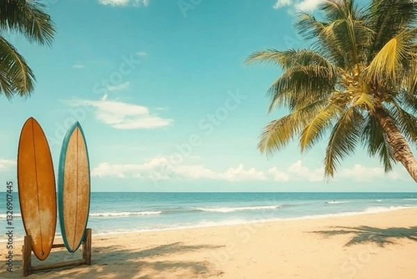 Fototapeta Surfboard and palm tree on beach with beach sign for surfing area. Travel adventure and water sport. relaxation and summer vacation concept. vintage color tone image.