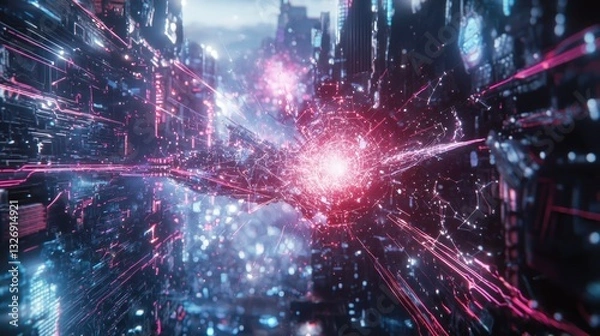 Fototapeta Cyberpunk Cityscape: Digital Core Network