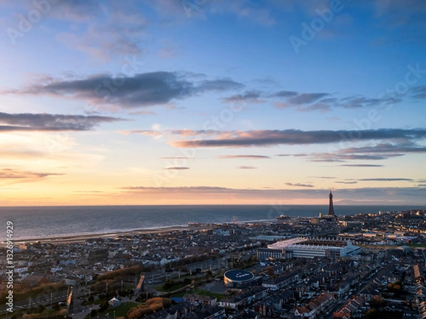 Fototapeta An aerial view of a sunset over Blackpool in Lancashire, UK