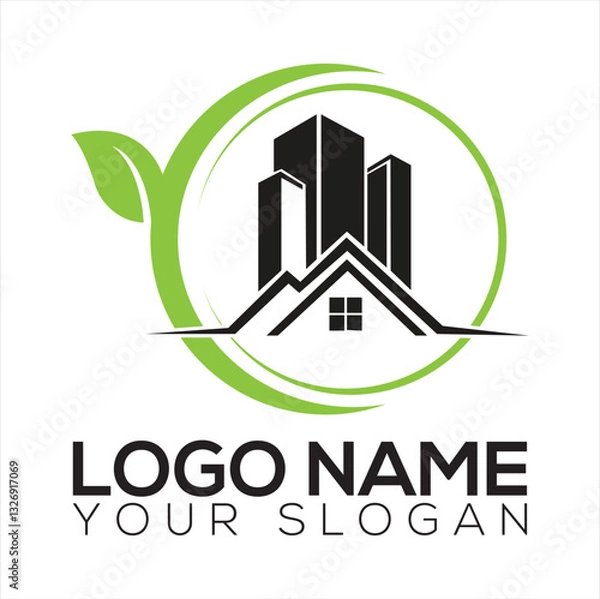 Obraz eco house logo nature design line art style vector symbol 
Black icon design with leaf circle home concept,