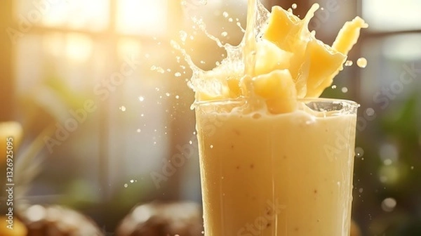 Fototapeta A close-up of a pineapple coconut smoothie being poured into a tall glass, smooth and creamy texture, tropical sunlight streaming in, artistic splash effect, bright and vibrant setting,