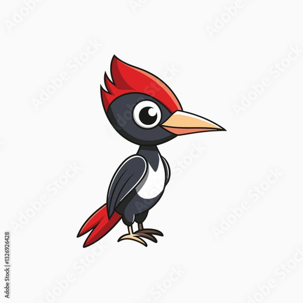 Fototapeta Cute cartoon woodpecker vector childrens vector illustration in flat style. Cartoon woodpecker icon on white background.