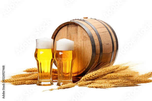 Fototapeta A wooden beer barrel with two cold glasses of beer next to it and wheat stalks spread on the ground isolated on white background