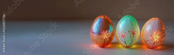 Fototapeta A composition of Easter eggs with a floral pattern on a solid dark background, a banner with a place for text