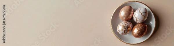 Fototapeta Easter eggs in brown and white shades with golden patterns on a white plate, Easter banner with a place for text
