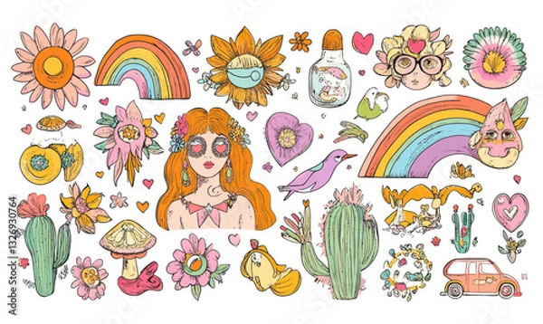 Fototapeta Colorful Psychedelic Hippie Doodle Vector with Flowers, Peace, and Retro Vibes