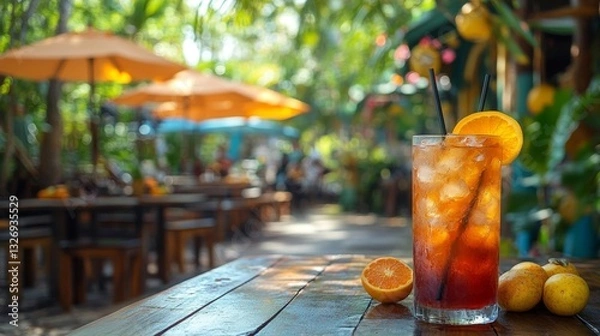 Fototapeta Tropical Outdoor Cocktail Bar with Citrus Garnished Drinks. Generative AI