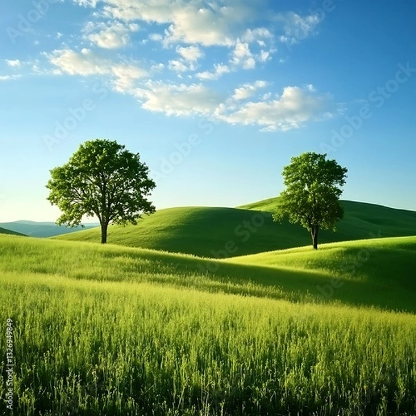 Fototapeta Lush green landscape with trees under bright blue sky and fluffy clouds 