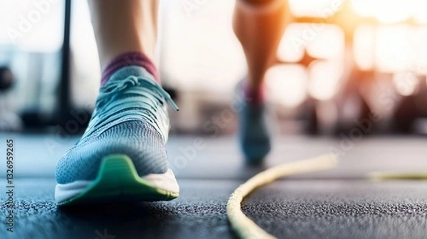 Fototapeta Closeup view of athletic shoes on gym floor with rope for fitness routines : Generative AI