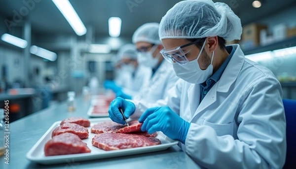 Fototapeta "A synthetic food scientist creating lab grown meat samples under a sterile, futuristic lab setting."