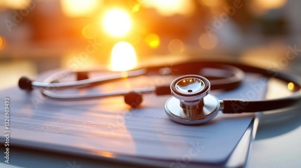 Fototapeta Golden Light Illuminates Medical Care Focus On Healing In Field Stethoscope Rests Beside Document, Revealing Detailed Chart Data Against Soft, Blurred Background, Vital For Patient Care