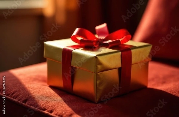 Obraz Beautifully wrapped gold gift box with red ribbon on plush surface