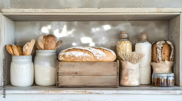 Fototapeta Detail shot of a rustic wooden bread box and homemade preserves on a Scandinavian farmhouse kitchen countertop 