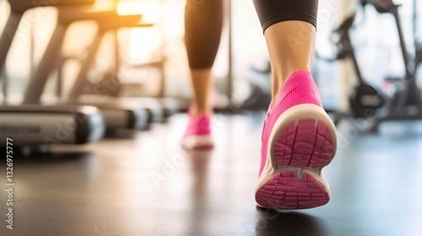Fototapeta Athlete walking on treadmill in gym showcasing stylish pink running shoes for workout inspiration : Generative AI