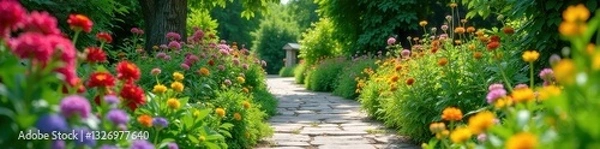Fototapeta Stone pathway winds through lush summer cottage garden bursting with color , blossom, garden