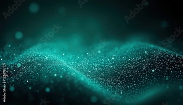 Fototapeta Abstract turquoise wave background with shimmering particles and glowing dots creating a dreamy and ethereal atmosphere in a digital space
