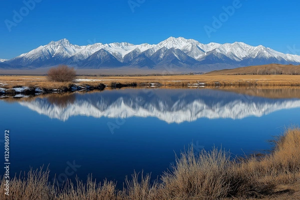 Fototapeta Beautiful mountain lake with the reflection of snow-capped mountains in the water