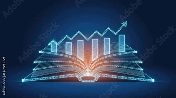 Obraz Abstract digital open book and light blue growth arrows. Skill levels growth. Increasing Skills. Technology and knowledge background. Learn concept. Education innovation. Low poly vector Illustration 