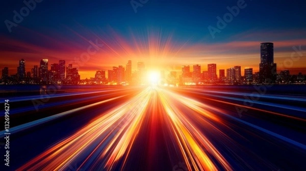 Fototapeta Vibrant sunset over a city skyline with light trails from moving vehicles in the foreground