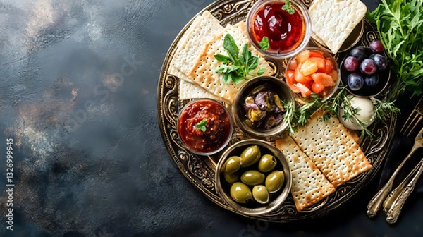 Obraz Passover table setting with a traditional Passover seder plate with symbolic meal, matzah and Haggadah. Table served for Passover Seder.