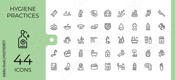 Fototapeta Hygiene minimal icon set. Includes thin line care, clean, sanitary, washing, antiseptic, wash, protection and more. Pixel perfect. Bath vector line icons. Vector icons editable stroke.