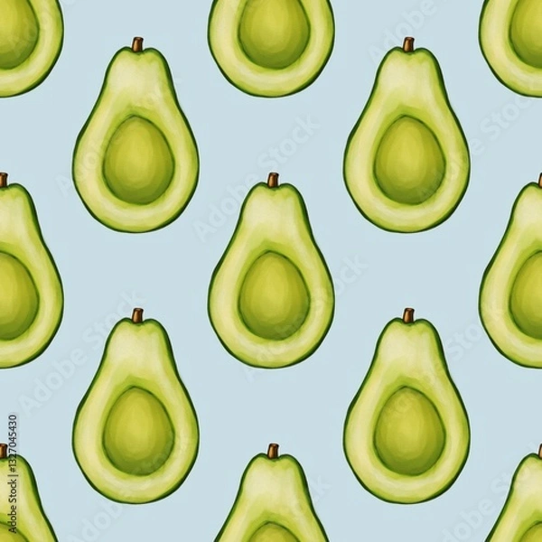 Fototapeta A seamless pattern featuring sliced avocados with a vibrant green color against a Pastel Blue background.