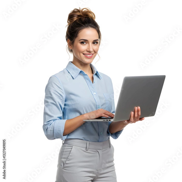 Obraz Businesswoman Holding Laptop, Smiling While Engaging with Media and Sharing Content Online, PNG format	