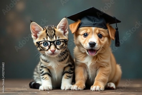Fototapeta A playful puppy and a clever kitten dressed for graduation day.