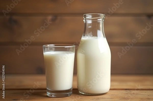 Fototapeta A glass filled with creamy milk stands next to a charming bottle on a rustic wooden surface, capturing the essence of wholesome dairy goodness in a cozy setting