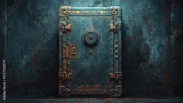 Fototapeta Rusty Old Metal Safe Box with Combination Lock, Vintage Security Vault, Industrial Grunge Background, Dark Teal and Brown Color Scheme, Steampunk Aesthetic, Retro Security Concept