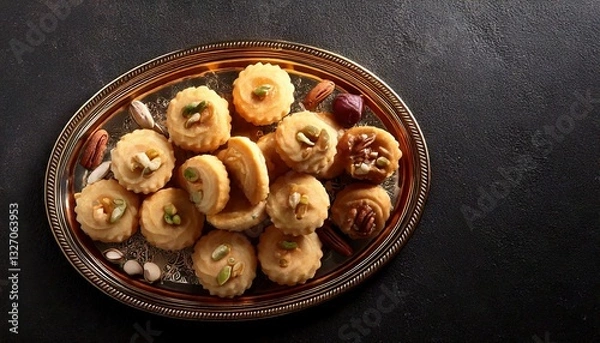 Obraz A silver platter holds a collection of small, round, light-colored sweets, possibly makroudh, garnished with nuts, against a dark background.