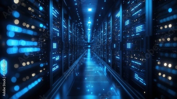 Fototapeta Server room with rows of computer racks glowing blue. Data center filled with hardware. Lights blink in the dark. Digital technology and storage concept.