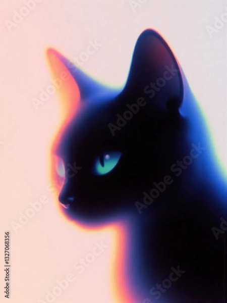 Fototapeta Stylish black cat with colorful neon glow outline and blue - green eyes. Perfect for modern design, digital art, pet themes, social media, creative projects, and vibrant visual content.