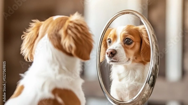 Fototapeta Dog Looking at its Reflection in a Mirror